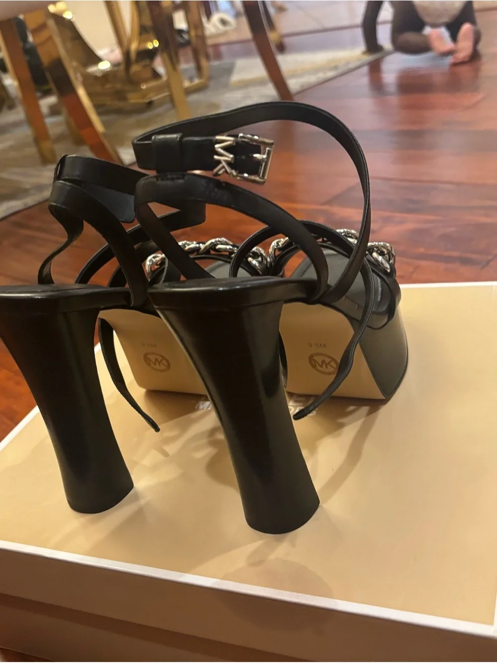 Michael Kors Black Platform Strappy Chain-Heel Sandals